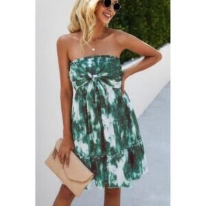 NWOT Tie Dye Strapless Knot Front Tube Dress – Shirred Fit Green Hippie y2k